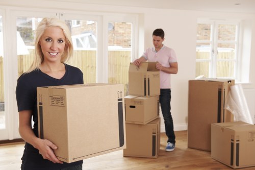 Moving team handling boxes safely with insurance-focused service in Beddington